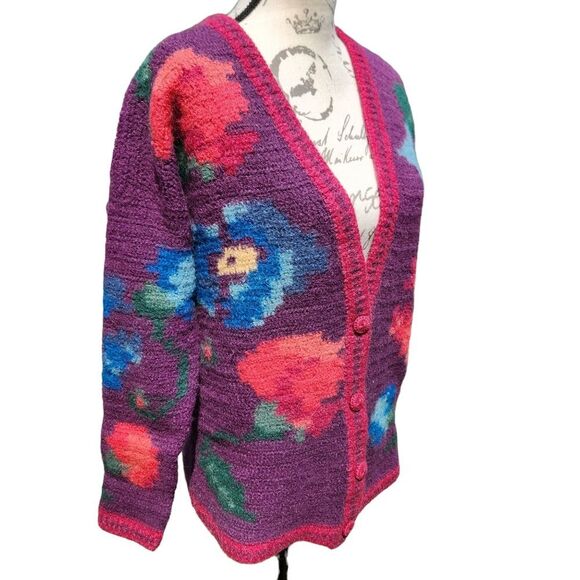 Peruvian Connection 100% alpaca colorful floral cardigan sweater Medium - Picture 2 of 6